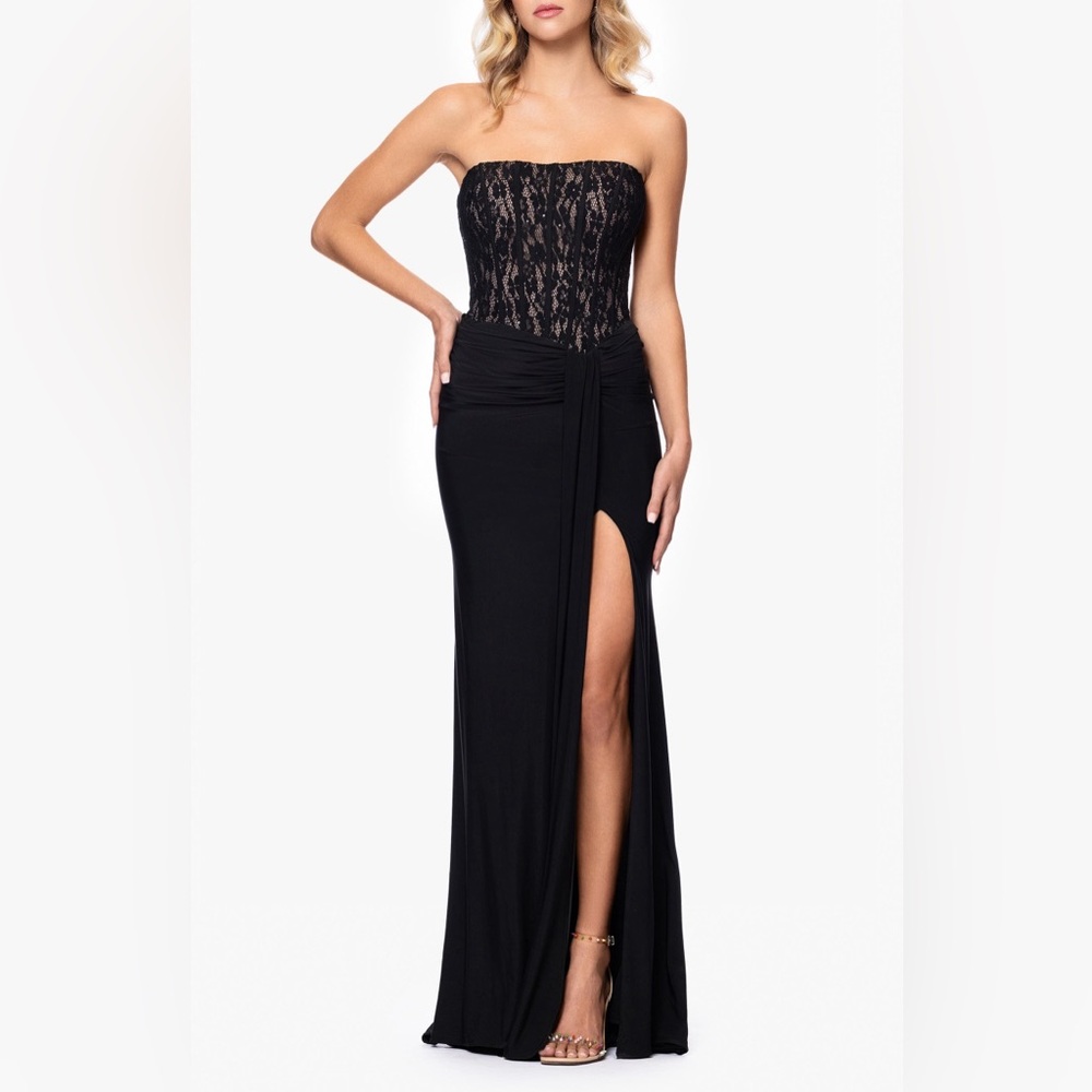 Betsy & Adam Sequin Lace Bodice Strapless Gown